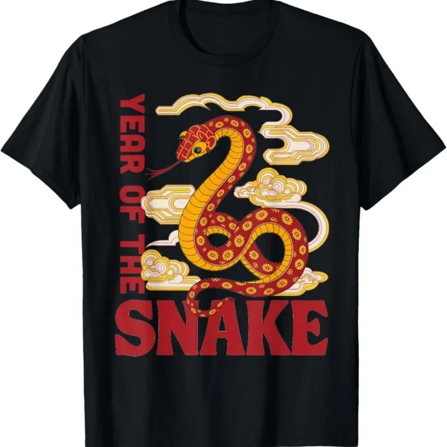 

2025 New Year Snake Happy Lunar New Years T-Shirt Graphic Tee Short Sleeve O-collar Top Men Women Tee S чёрный
