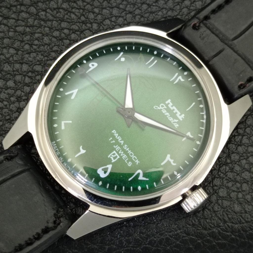 HAND-WINDING VINTAGE HMT JANATA INDIAN MENS ARABIC GREEN DIAL WATCH a441005-4 HT-a441005