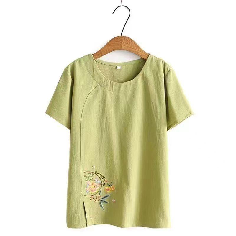 Stylish Cotton & Linen T-Shirt Set for Women: Summer Round Neck Short Sleeve Top for Middle-Aged and Elderly