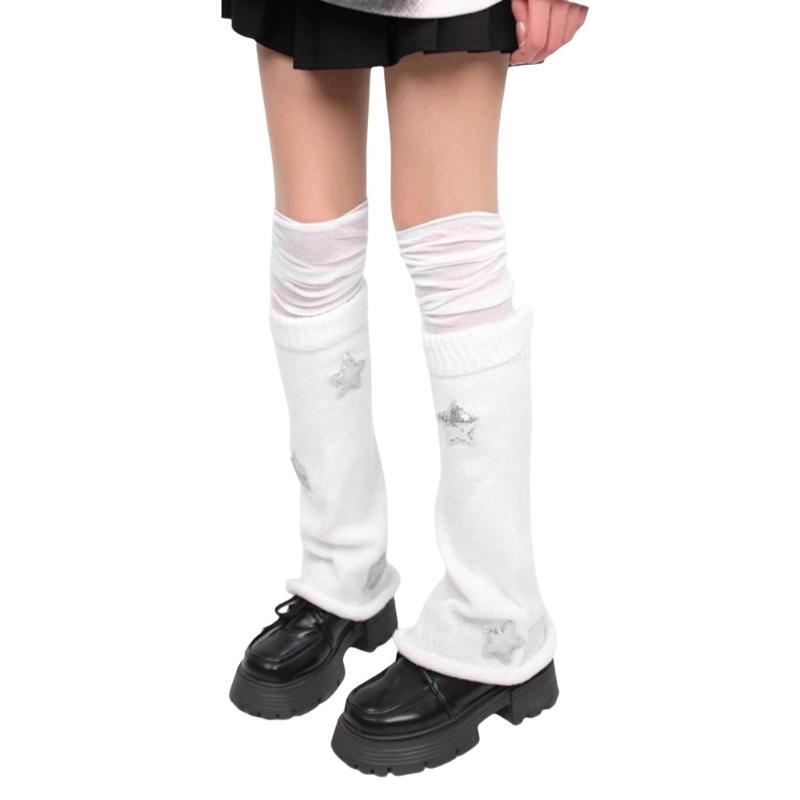 Polainas Punk para Mulheres Fofas Estrela Tricotadas Flare Longas para Botas com Meias Acima do Joelho Conjunto Roupa de Inverno Outono