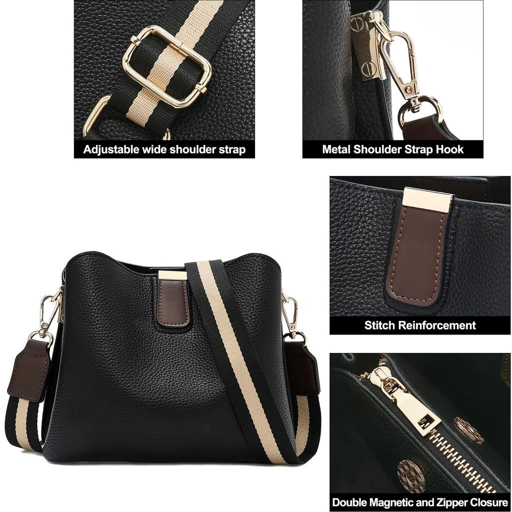 FOXLOVER Lichee Print Crossbody Bag for Vegan Leather Trendy Shoulder Handbag with Wide Black Women, Purse, Strap,