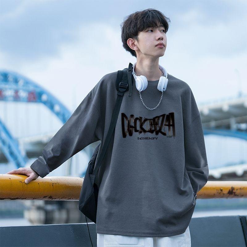 

Winter and Autumn Trendy Pure Cotton Drawstring Printed Round Neck Men s Long-sleeved Bottoming Shirt S темно серый