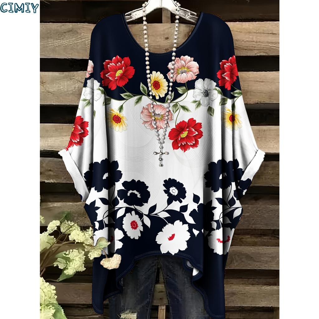 Elegante Blumenmuster-Bluse für Damen - Hellviolett mit weißen Blumen Langarm Rundhalsausschnitt Perfekt für Frühling & Herbst