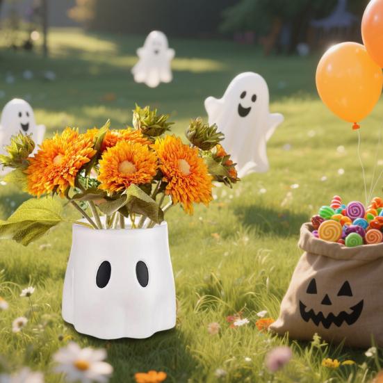 Halloweenský kbelík duch Bílý duch Mísa na bonbóny Květináč Dekorativní váza Květináč duch pro domácí stolní středový prvek Vnitřní venkovní dekorace