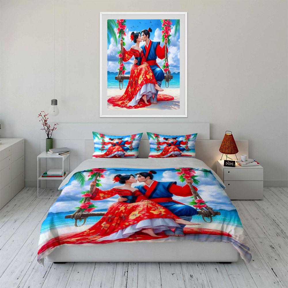 Romantic Couple on a Swing by the Beach Print Bedding Set Duvet Cover Pillowcases (1* Duvet Cover 2* Pillowcases Do Not Include Comforter)