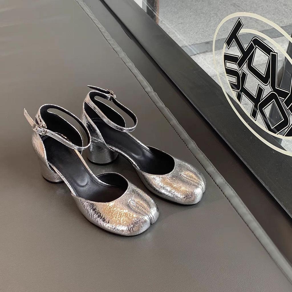 Sheepskin version~ Leather silver bag head sandals women's summer wear thick heels split-toed pig's trotters high heels Mary Jane shoes