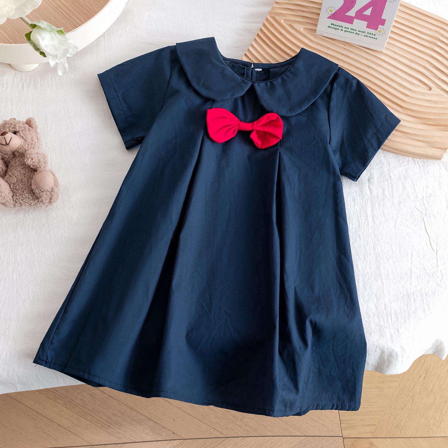 Girls Summer Cartoon College JK Bow Tie Short Sleeve Dress Cute Princess Dress For Baby Girls 110cm темно-синий