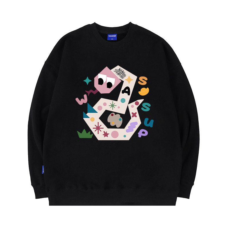 Wassup Chinese Zodiac Year of the Snake Theme Heavy Fleece Sweatshirt for Men Spring and Autumn 2025 New Couple Round Neck Top