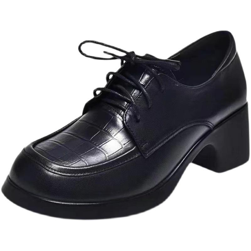 Women's Shoes Medium Heel Thick Heel Single Shoes Women's New Lace-up Small Leather Shoes Women's Casual Work High Heel