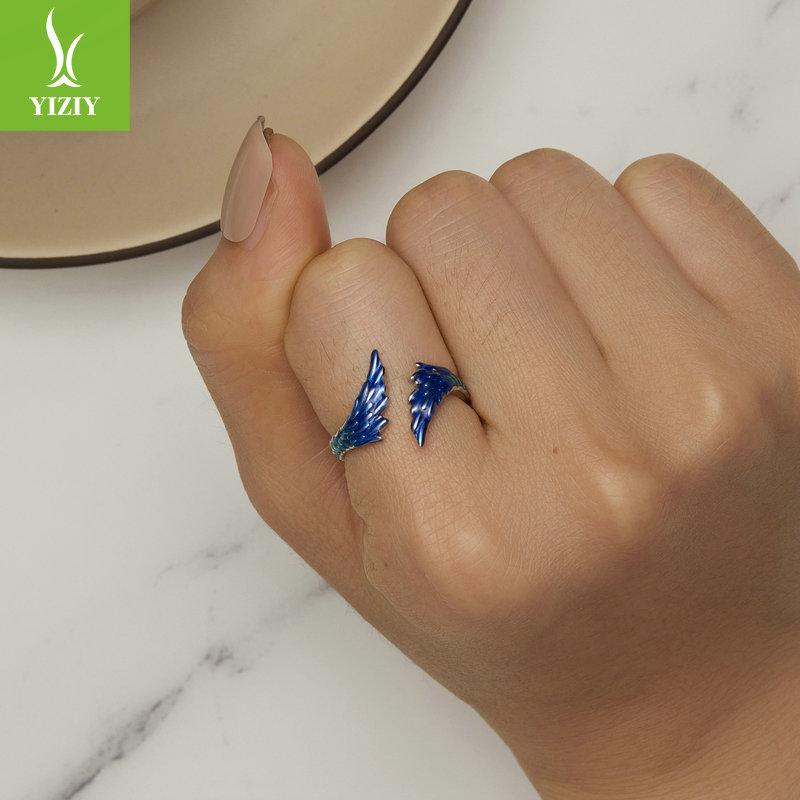925 Sterling Silver Gradual Change Blue Wing Opening Ring Men And Women, Personality Trend Wing Adjustable Ring