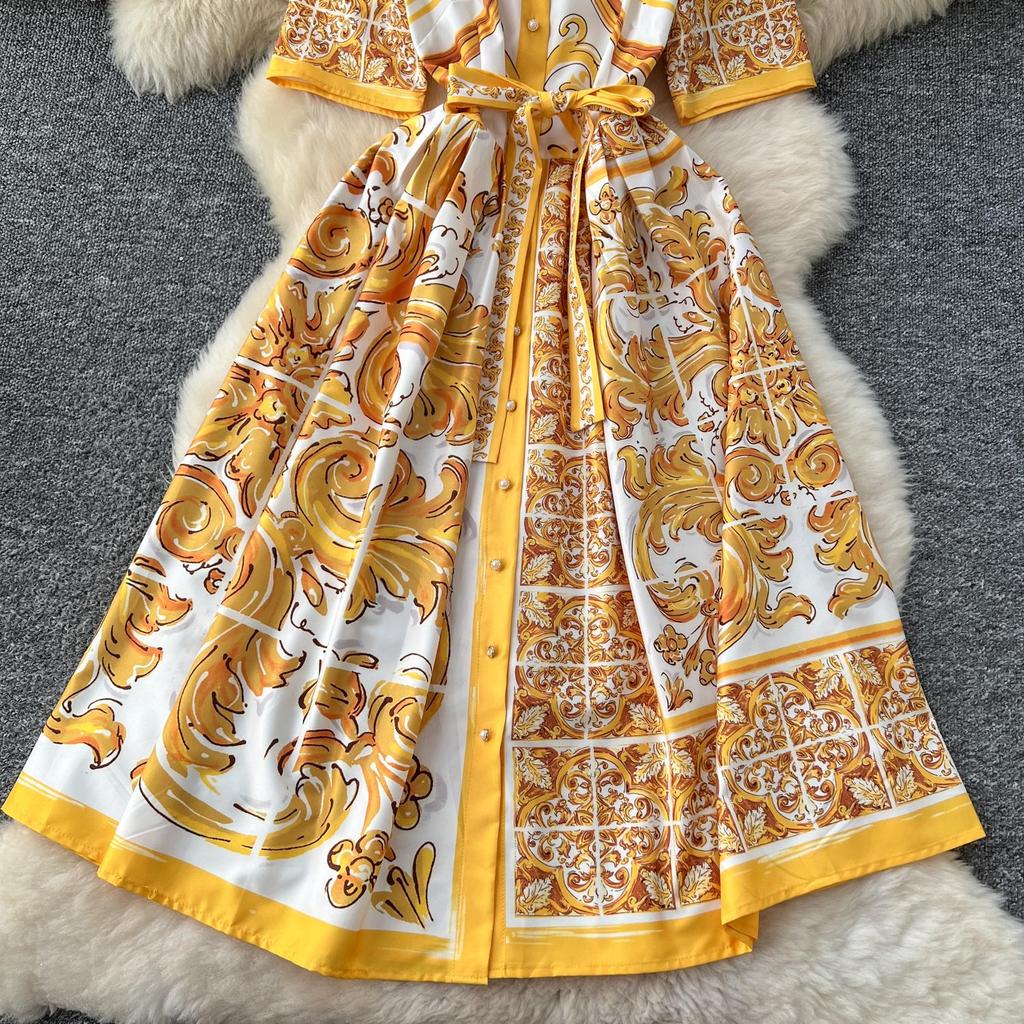 Vintage Red Baroque Print Shirt Dress Women Turn Down Neck Short Sleeve Button Front Belted High Waist Party Vacation Midi Dress