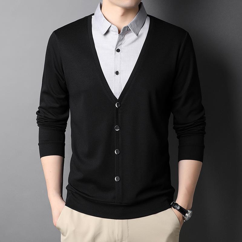 Fake Two-piece Sweater Shirt with Autumn and Winter Men's Business Bottoming Shirt Casual Sweater Long Sleeves