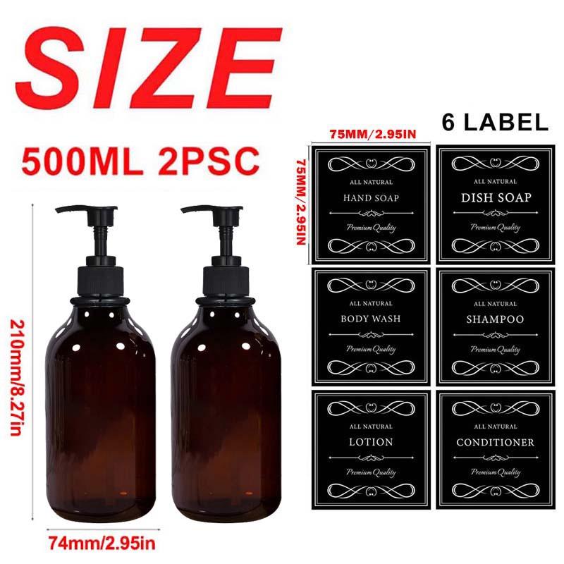 500ML/16.9OZ 2PCS Shampoo Body Wash Dispenser Hand Soap and Dish Soap Dispenser with Pump Soap Bathroom Bottle with 6 Waterproof Labels