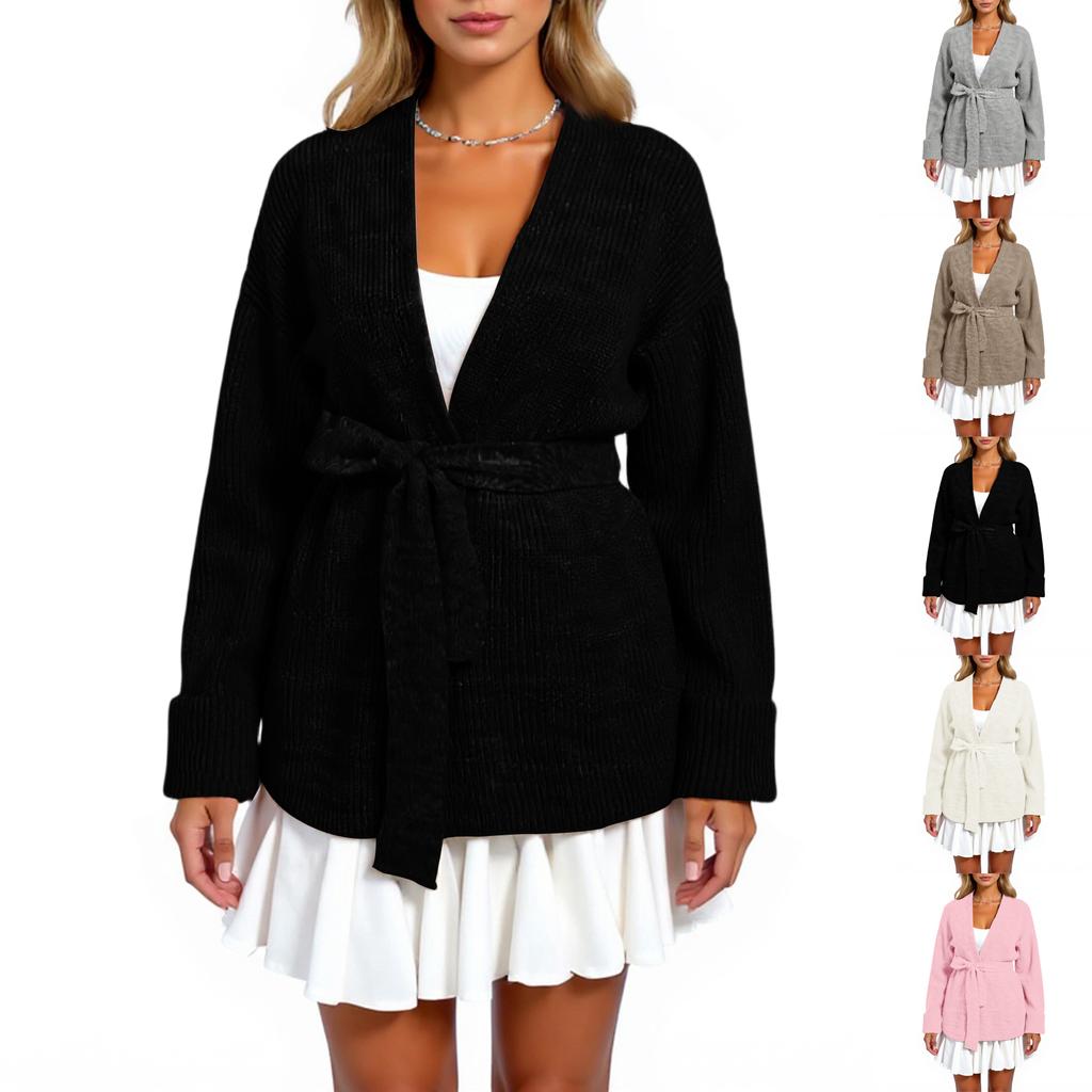 Women's  And Winter Coat Solid Color Lace-up Hooded Knitted Cardigan Sweater