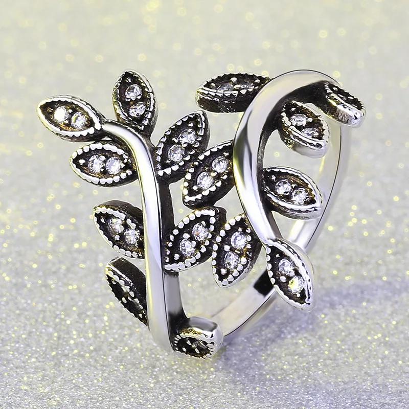 Beautifull Leaf Shape Ring with AAA Cubic Zirconia for Women Aneis Wedding Party Black Vintage Silver Bijoux Full Size