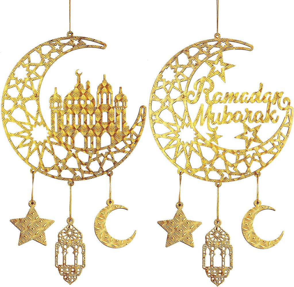 2pcs Wood Ramadan Decoration Islamic Moon & Hollow Star Wall Signs For Front Door Home Party Supplies
