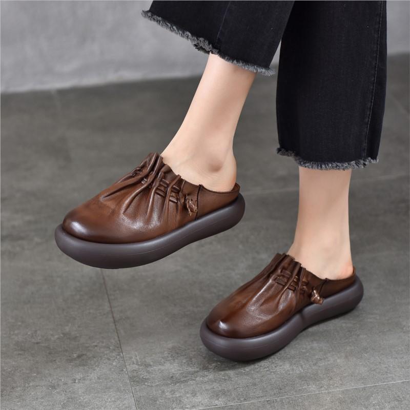 Johnature Soft Soled Round Toe Comfortable Outdoor Slippers Genuine Leather Versatile Women's Shoes