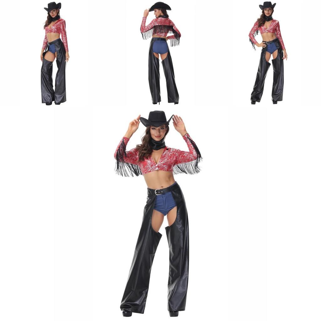 Sexy Tassel Western Denim Cosplay Clothing For Women Halloween Entertainment Cotton Blend Outfit