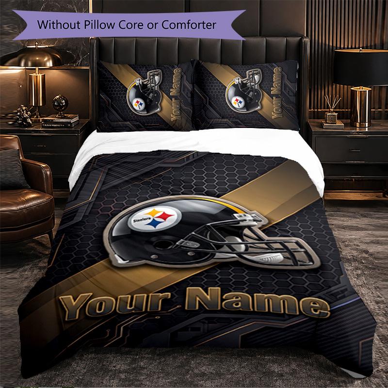 Pittsburgh Steelers Customized Name Text Bedding Set, 1 Duvet Cover & 2 Pillowcases Personalized Bedroom Gift