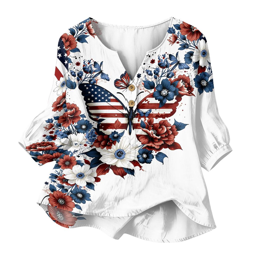 Women's Casual Button Henley Neck Shirt Three Quarter Sleeve Lightweight Breathable Cotton Linen Blouse Loose Fit Printed Top