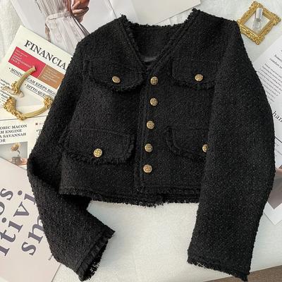 Classic Style Tweed Coat Pocket Causal Tweed Coat Office Ladies Suit Jacket Chic Female Tweed Basic Jacket