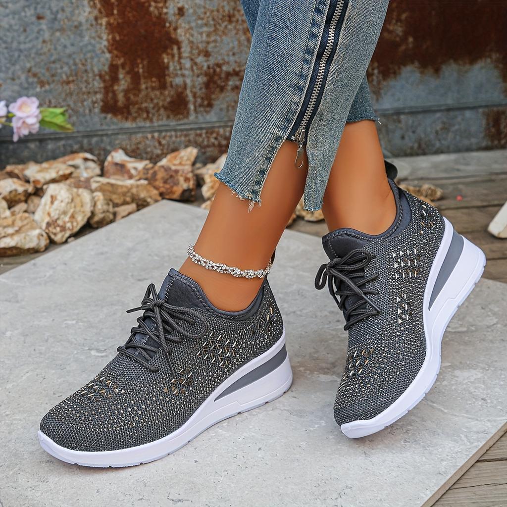 Glittery Rhinestone Women's Thick Sole Sneakers Breathable Non-Slip Fashion Sneakers with Lace-Up Casual Comfortable Shoes