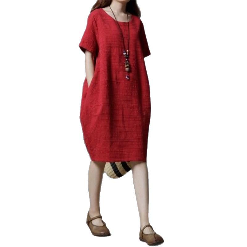 Koreanischer Stil Locker Übergröße Baumwolle Leinen Kurzarm Kleid - Lässig und Schlankmachend
