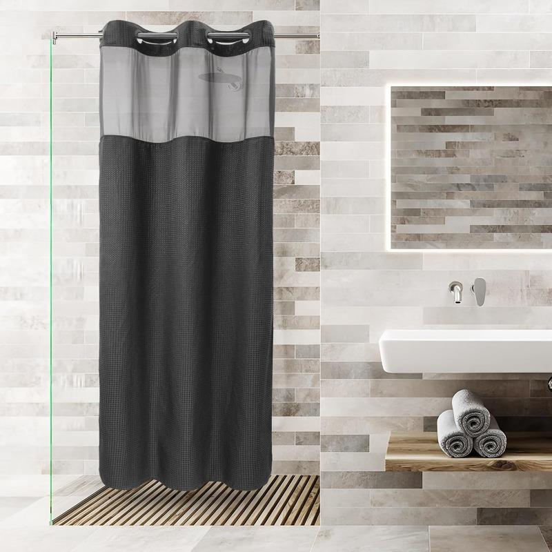 No Hooks Required Dotted Waffle Weave Shower Curtain with Snap In Liner - 71W X 74H,Hotel Grade,Spa Like Bath Curtain,Gray