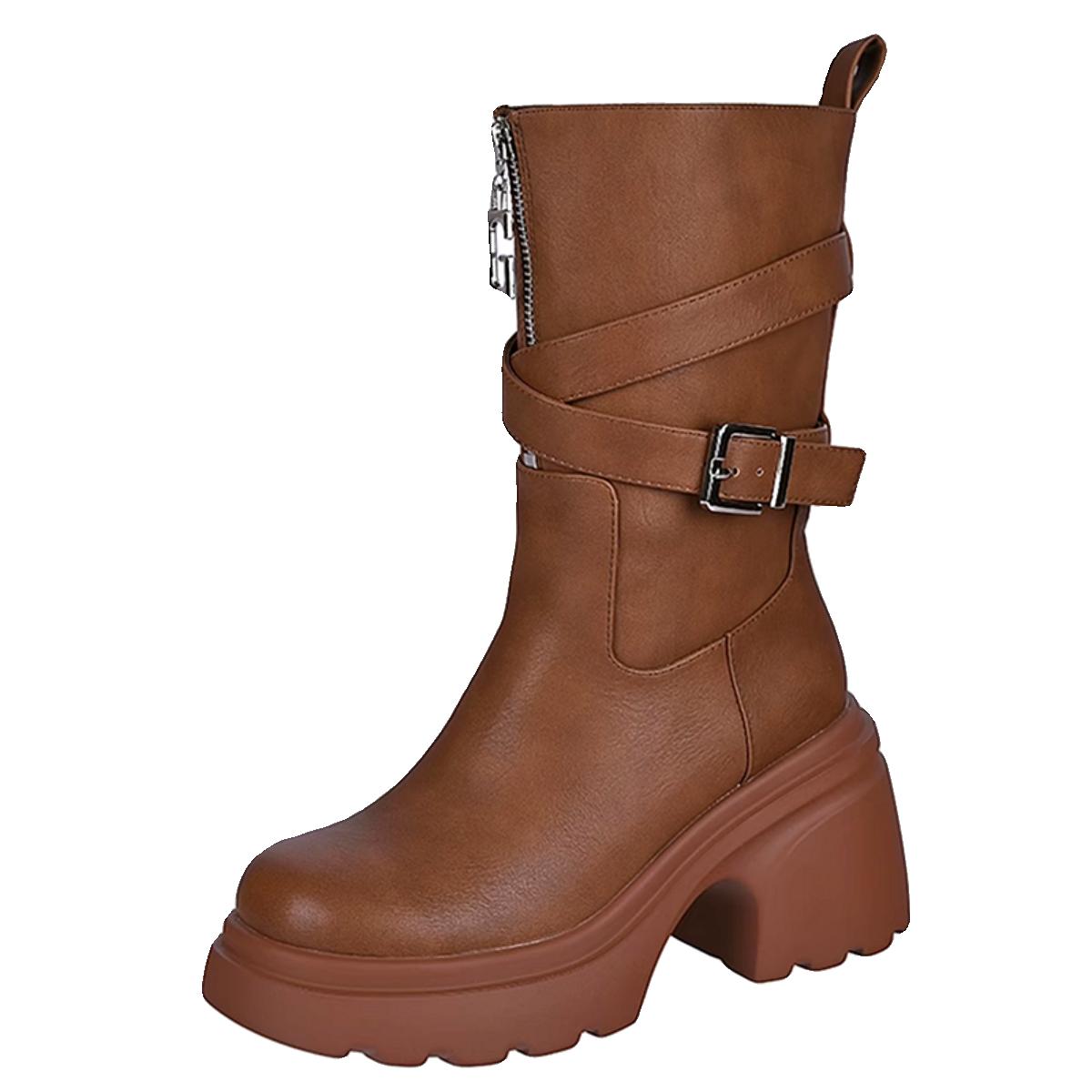 

Brown Heeled Booties Fall Winter Round Toe Platform Fashion Boots Front Zip Block Heel Boots for Women 35 коричневый