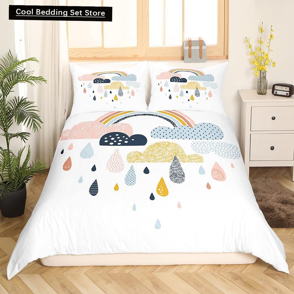 Cartoon Regenbogen König Königin Bettbezug Kinder Mädchen Bunte Wolken Bettwäsche Set Liebesherz Bettdeckenbezug Polyester Steppdeckenbezug