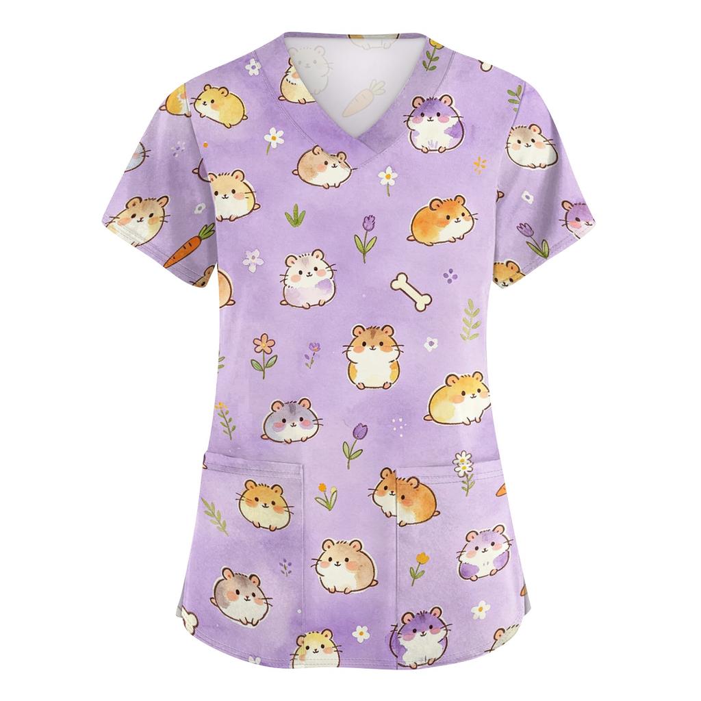 Women's V Neck Short Sleeve Work Top with Pockets Animal Print Medical Uniform Scrub Shirt for Healthcare Professionals Nursing Staff