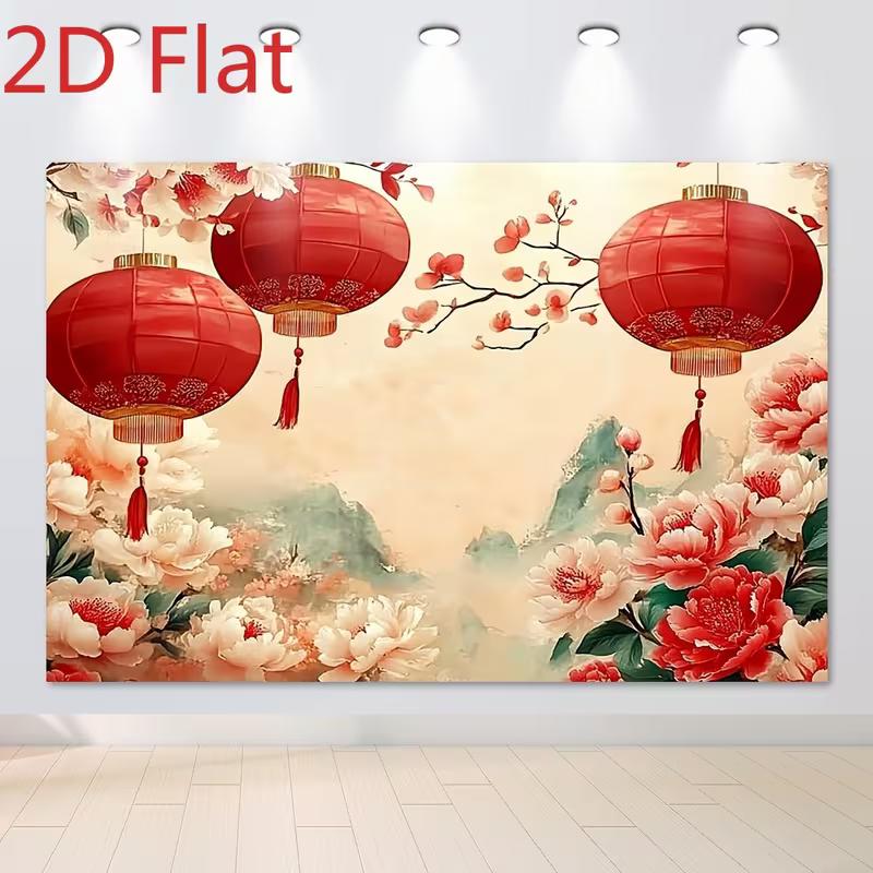 2D Chinese New Year Backdrop, Red Lantern & Peony Floral Photography Banner