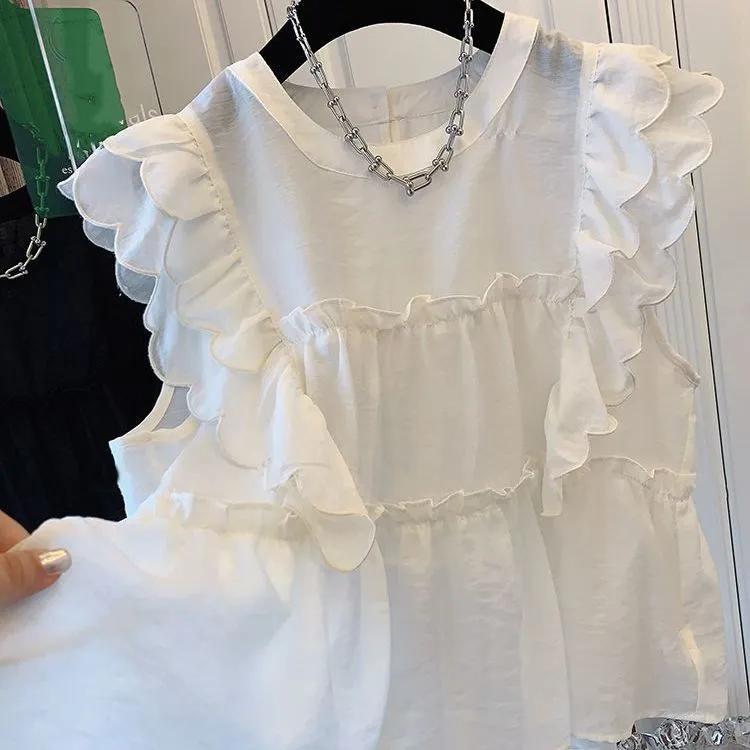 Women Summer Ruffled Short Sleeved Chiffon Shirt Design Simple Sweet Top