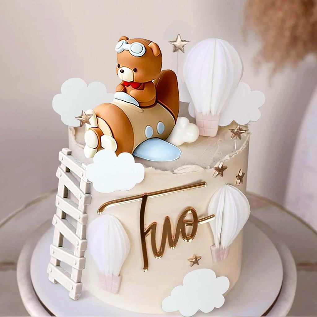Airplane Bear Cake Topper - Plane Bear Cake Decorations for Time Flies 1st Birthday, Baby Shower Boy's Birthday Party