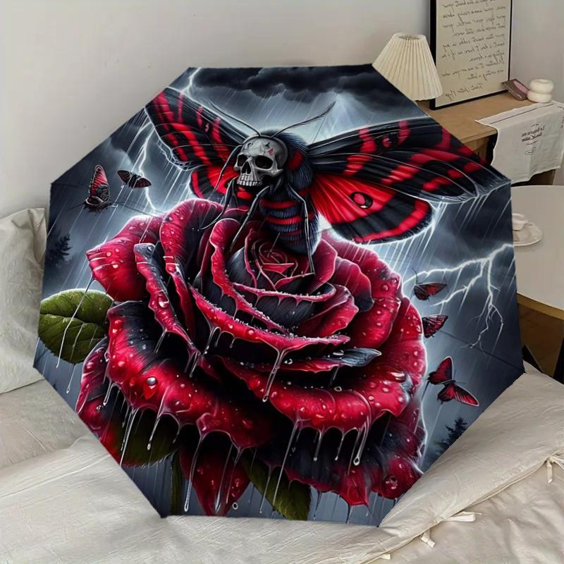 Red Rose Moth Automatic Folding Umbrella: Stylish Design with 8-Bone Frame, Perfect for Travelers and Daily Use - Ideal Gift for Fans and Oc