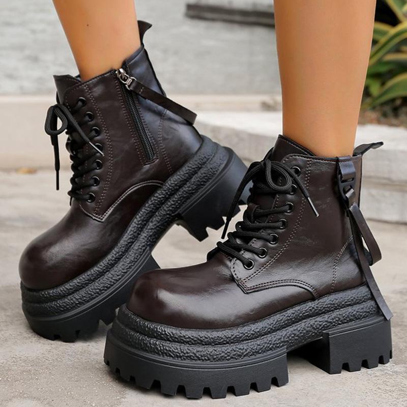 Fashion British Style Pu Leather Boots Women High Heel Chunky Platform Ankle Boots Woman Fashion Lace Up Zipper Up Booties Ladies