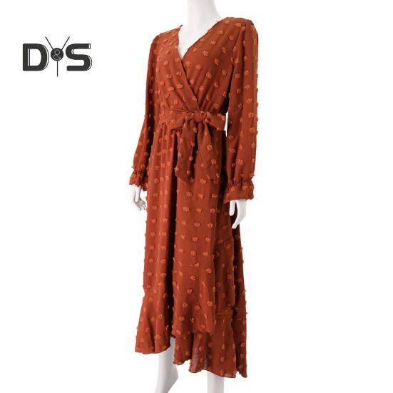 Women Spring Fall Dress Dot Applique Solid Color V Neck Belted Tight High Waist A Line Irregular Ruffle Hem Bohemian Flowy Wedding Party Maxi Dress