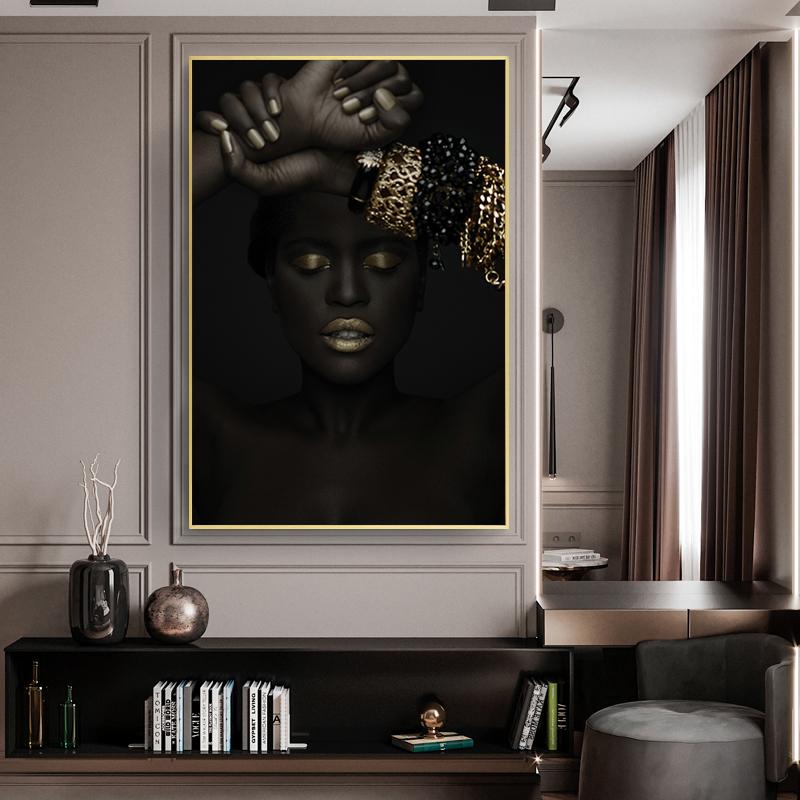 Modern Figure Art Canvas Painting African Black Woman Posters and Prints Gold Jewelry Girl Wall Pictures for Living Room Decor