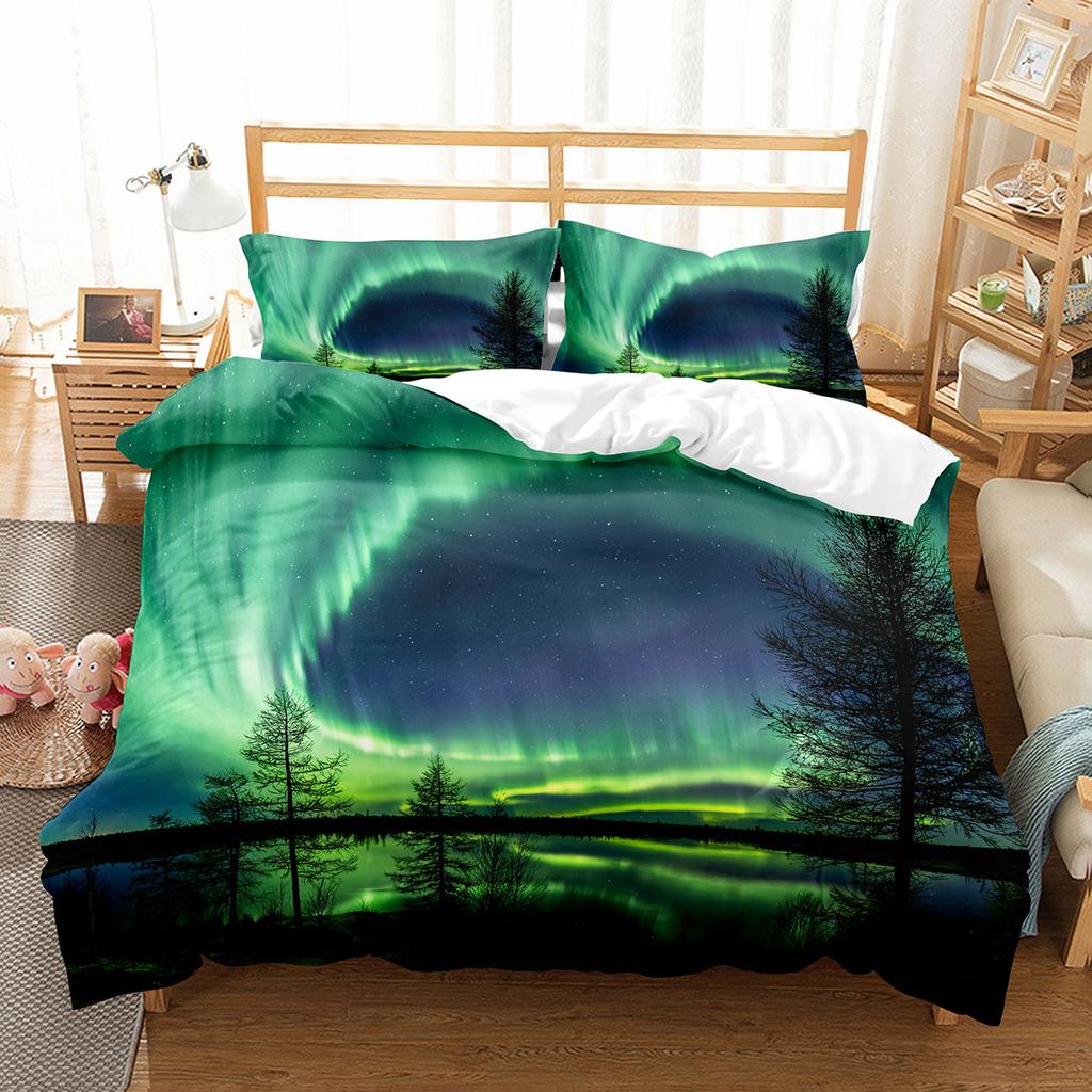 Nordlichter Bettbezug-Set King Full Size Naturwunder Polyester Bettdeckenbezug für Kinder Jugendliche Bettwäsche-Set Quiltbezug