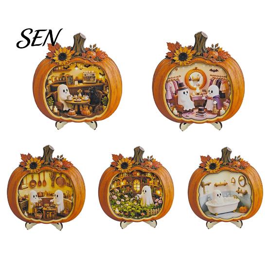 Solid Wood Autumn Home Accents Halloween Ghost Pumpkin Tabletop Sign, Wooden House with Mini Tiered Tray Ornaments Scene, Fall Harvest Desktop