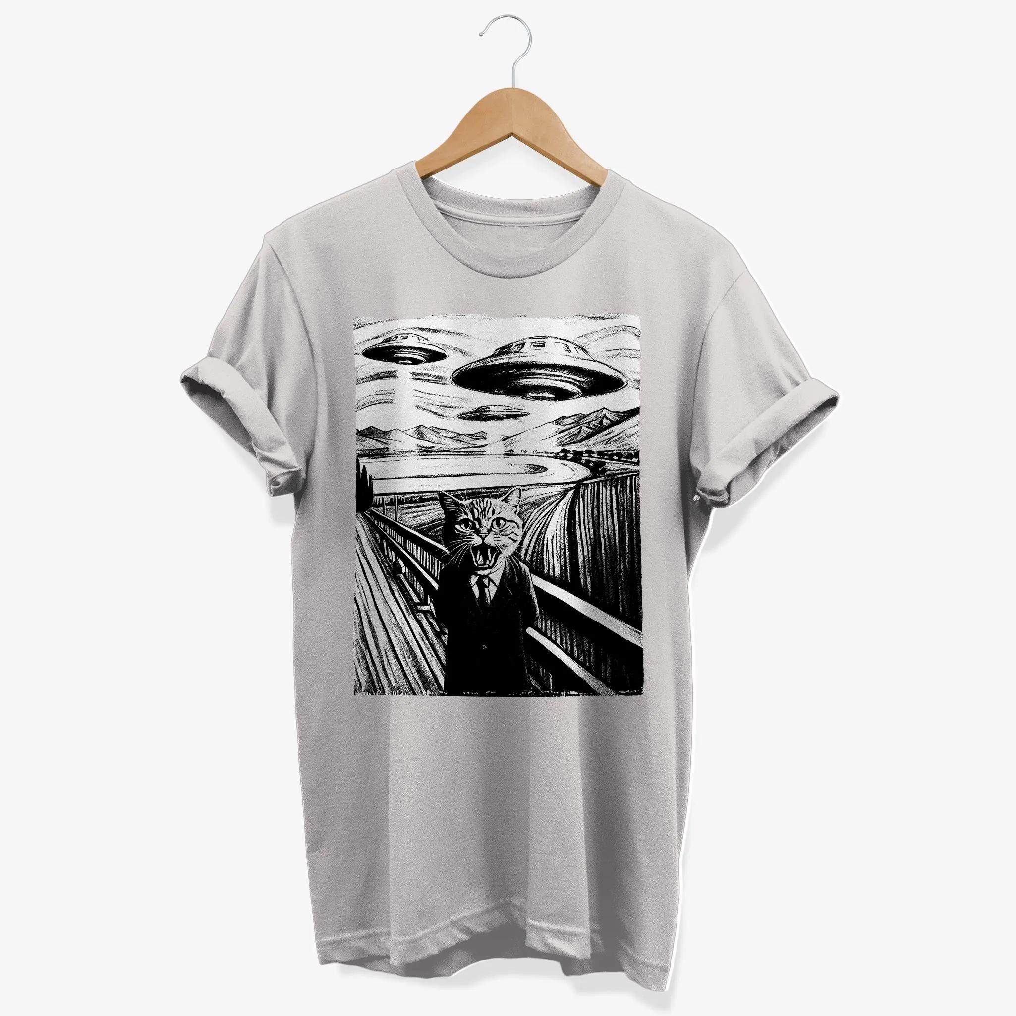 

Screaming Cat UFO TShirt Funny Alien Abduction Graphic Tee Retro Streetwear Highquality Crewneck Shortsleeved Unisexs Tshirt S