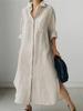 Women Lapel Collar Linen Cotton Long Shirt Dress,Loose Single-Breasted Long Sleeve Maxi Dress Casual Split Tunic Cover-Up S-2XL
