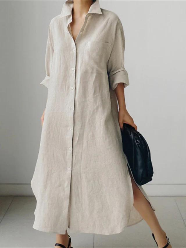 Women Lapel Collar Linen Cotton Long Shirt Dress,Loose Single-Breasted Long Sleeve Maxi Dress Casual Split Tunic Cover-Up S-2XL