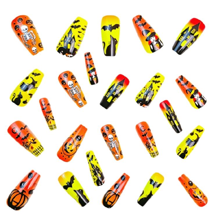 24pc Pumpkin Ghosted Bat False Nail Medium Square Shape ABS Fake Nail Halloween Party Nail Easy Application Design