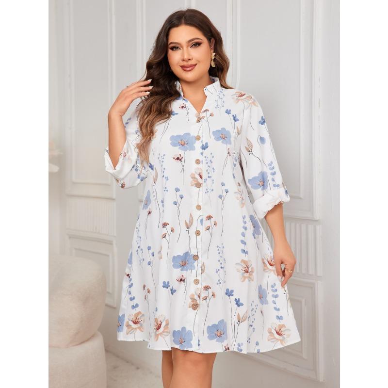 White Printed Loose Plus Size Midi Dress For Women