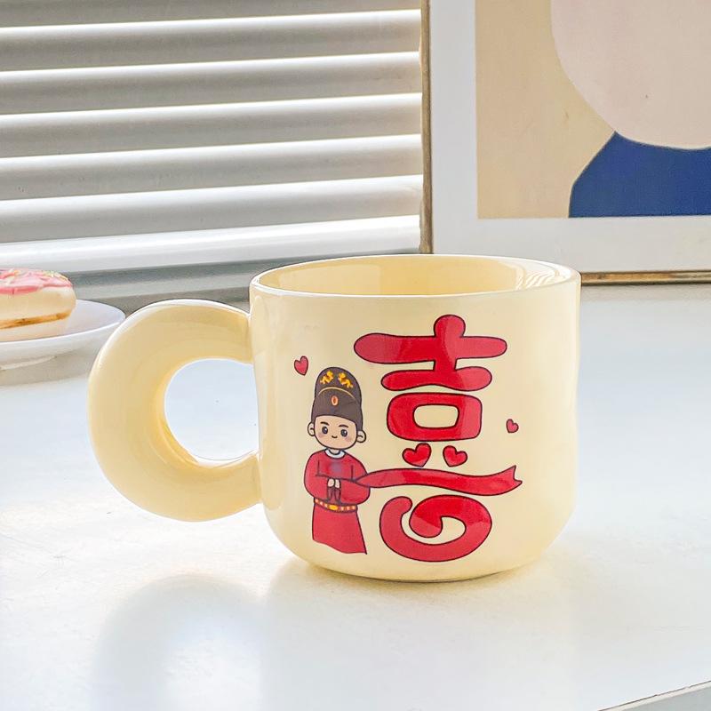 Cute High-value Festive Mug with Lid Spoon Couple Pair Cup Wedding Gift Ceramic Drinking Cup Coffee Cup