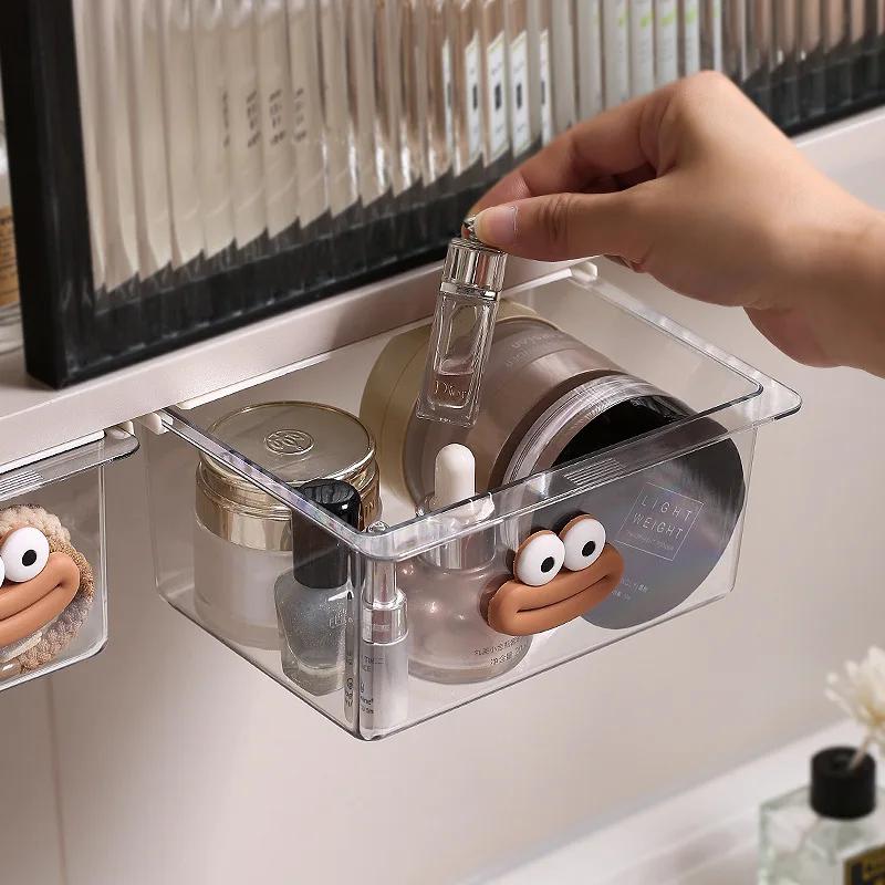 Cosmetic Storage Box Mirror Cabinet  push-pull save space Multifunctional No-Punching Bathroom Organizer Makeup  Cotton Swabs