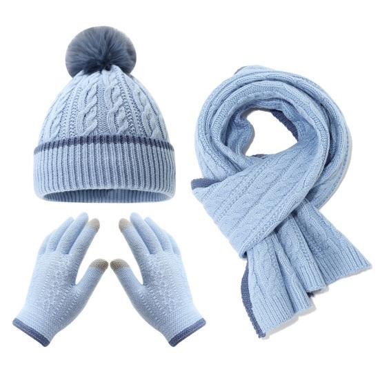 3-teiliges/Set Kinder Mütze Schal Handschuhe Set Einfarbig Zopfmuster Plüschkugel Dekor Mütze Langer Schal Handschuhe Set Elastische Winteraccessoires