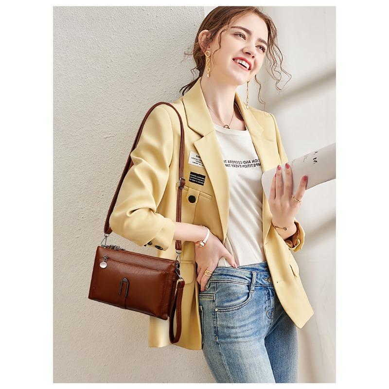 Vintage PU-Leder Mini-Tasche mit zwei Reißverschlusstaschen, Crossbody-Tasche, vielseitige Handgelenktasche für Einkäufe, den Alltag und Wochenendausflüge