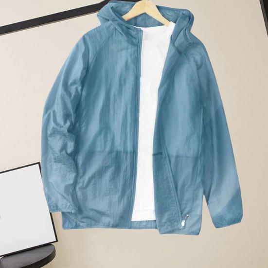 Men Sunscreen Coat Thin Zipper Closure Solid Color Summer Outdoor Sports Sun Protection Hooded Jacket Daily Wear